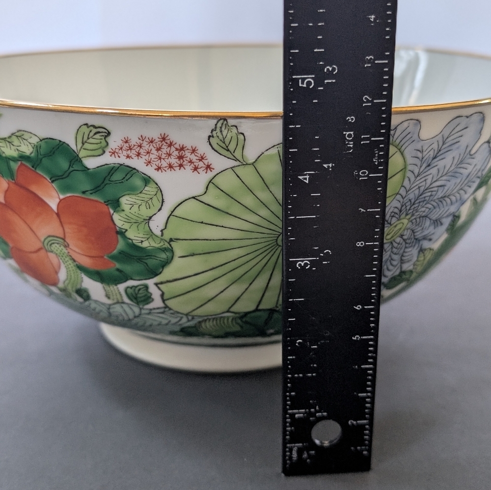 Vintage TFF Japan Porcelain Ware Green Red Lotus Printed Round Bowl - Picture 8 of 8